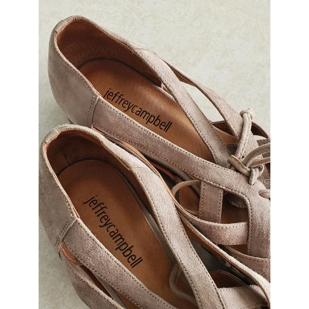 Jeffrey Campbell Canela Flats Taupe Suede Woven Huarache Sandals Size 6.5 Boho‎